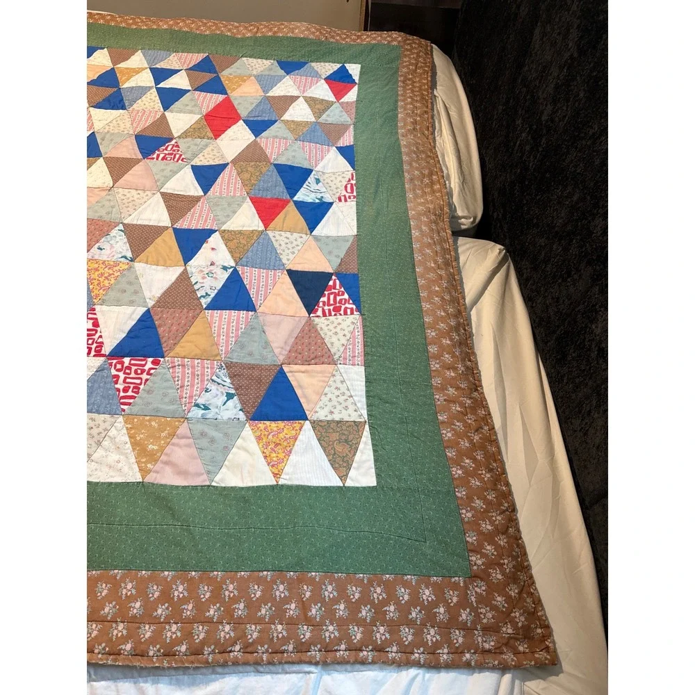 Antique Handmade Reversible Triangle Patchwork Quilt Cotton Geometric 74x72